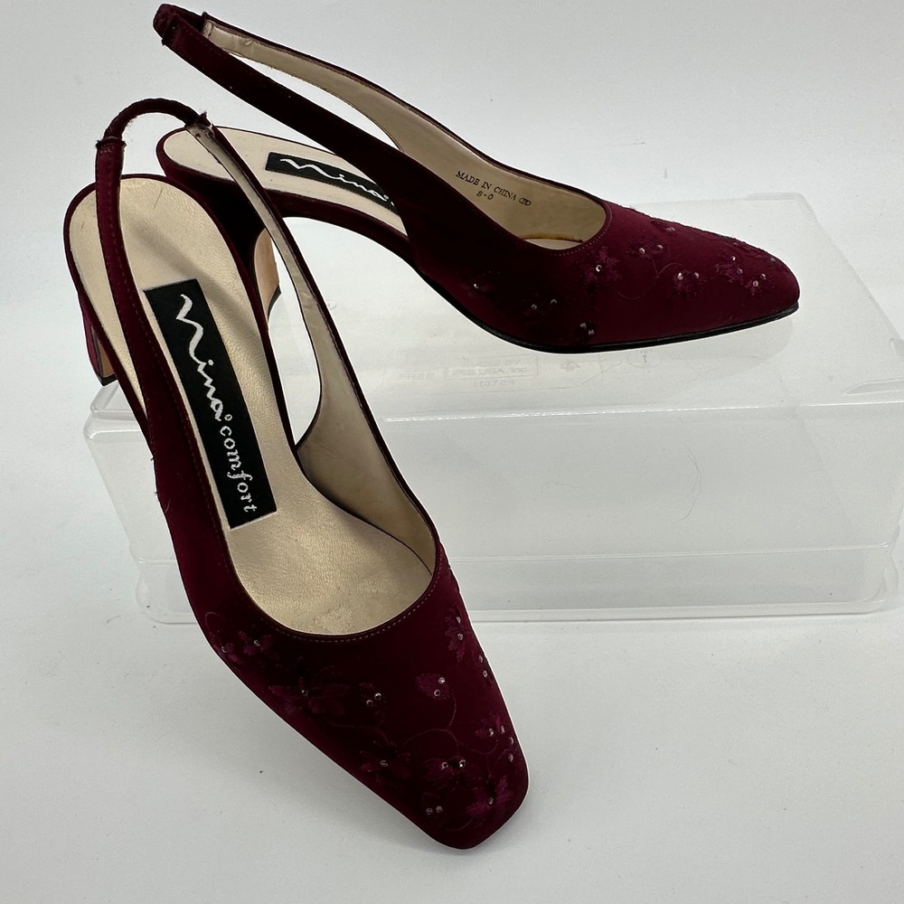 Nina Slingback Heels 5M Burgundy Satin Floral Embroidered Block Heel Chic Formal